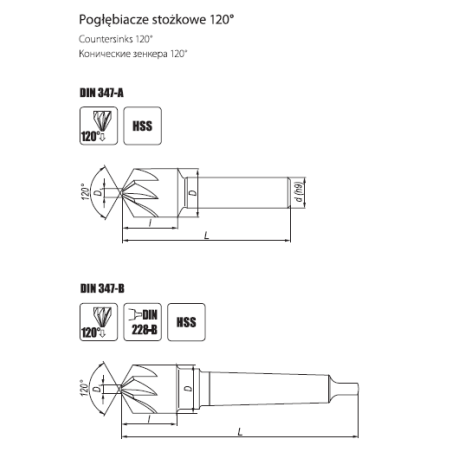 DIN 347- A,B Avellanado 120º para metal