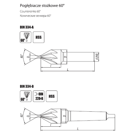 DIN 334-A,B Pogłębiacz stożkowy 60º do metalu